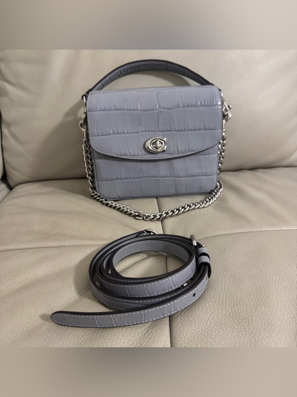 Coach Cassie 19 Gray silver Croc-Embossed leather 3 way bag .
